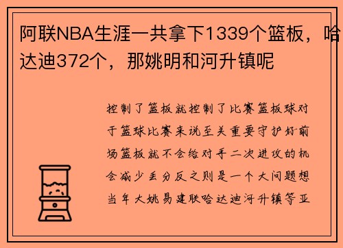 阿联NBA生涯一共拿下1339个篮板,哈达迪372个,那姚明和河升镇呢