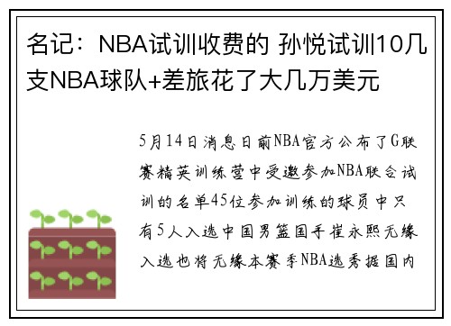 名记:NBA试训收费的 孙悦试训10几支NBA球队+差旅花了大几万美元