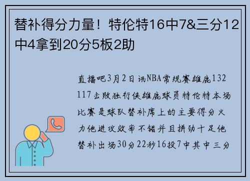 替补得分力量！特伦特16中7&三分12中4拿到20分5板2助
